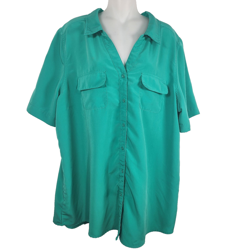 Denim & Co. Womens Button Front Soft Utility Tunic Short Sleeve Green 2X A227885